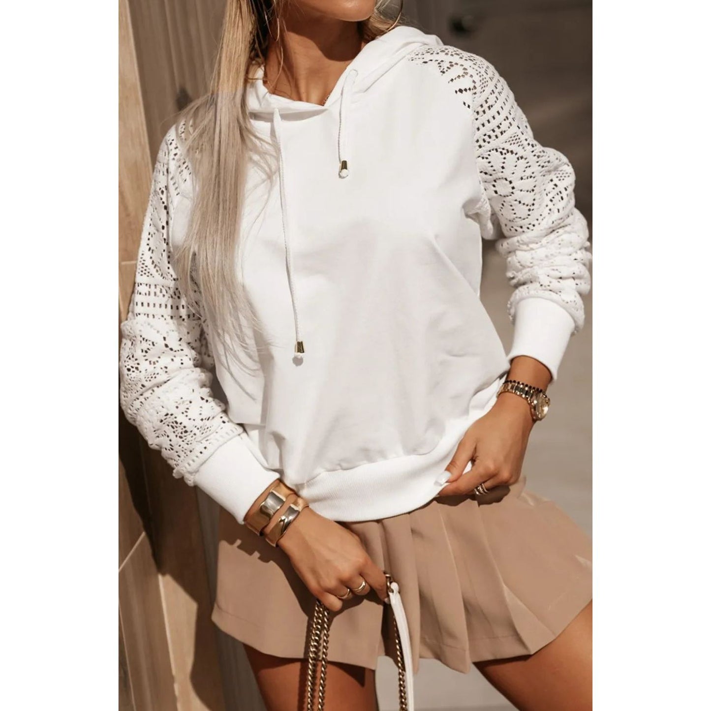 Drawstring Openwork Long Sleeve Hoodie