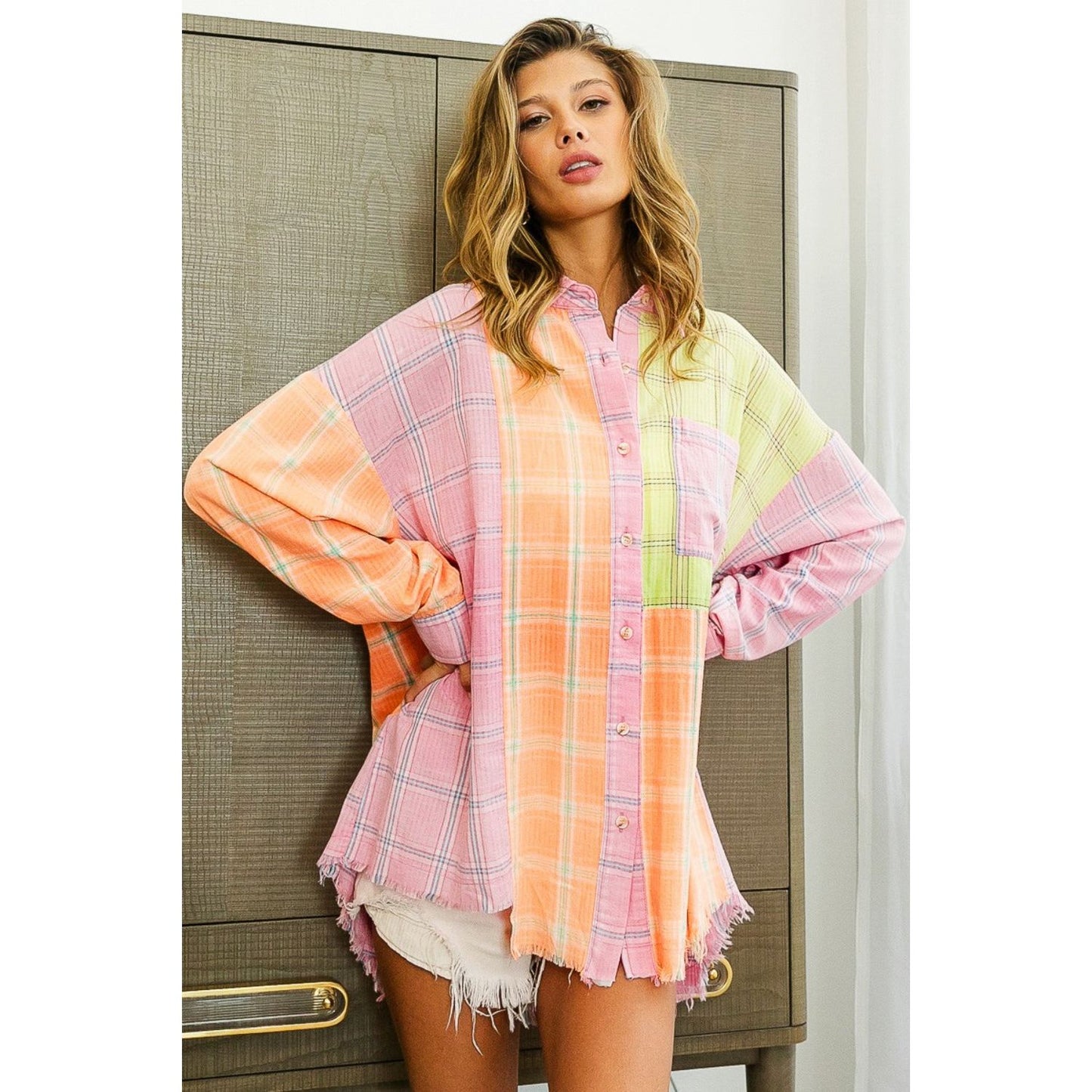 BiBi Plaid Color Block Raw Hem Shirt