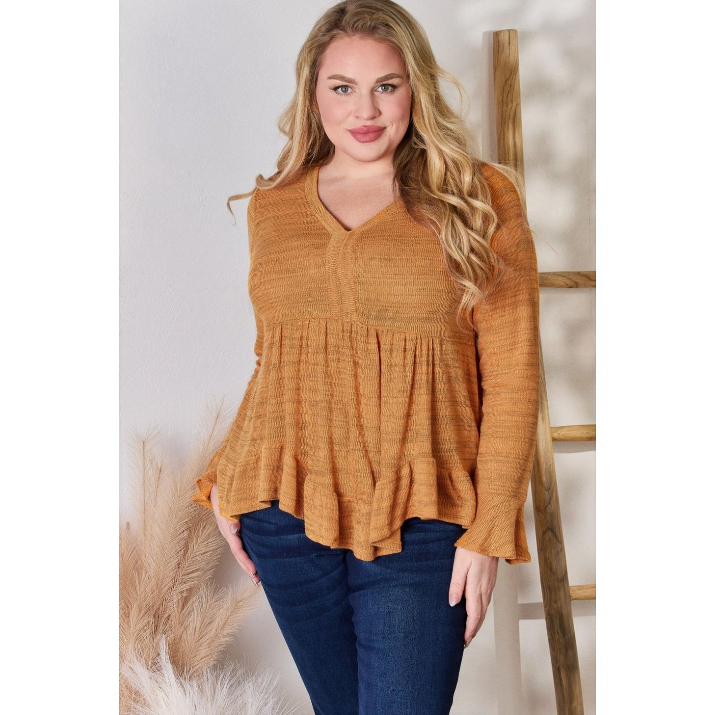 Hailey & Co Full Size V-Neck Flounce Sleeve Blouse