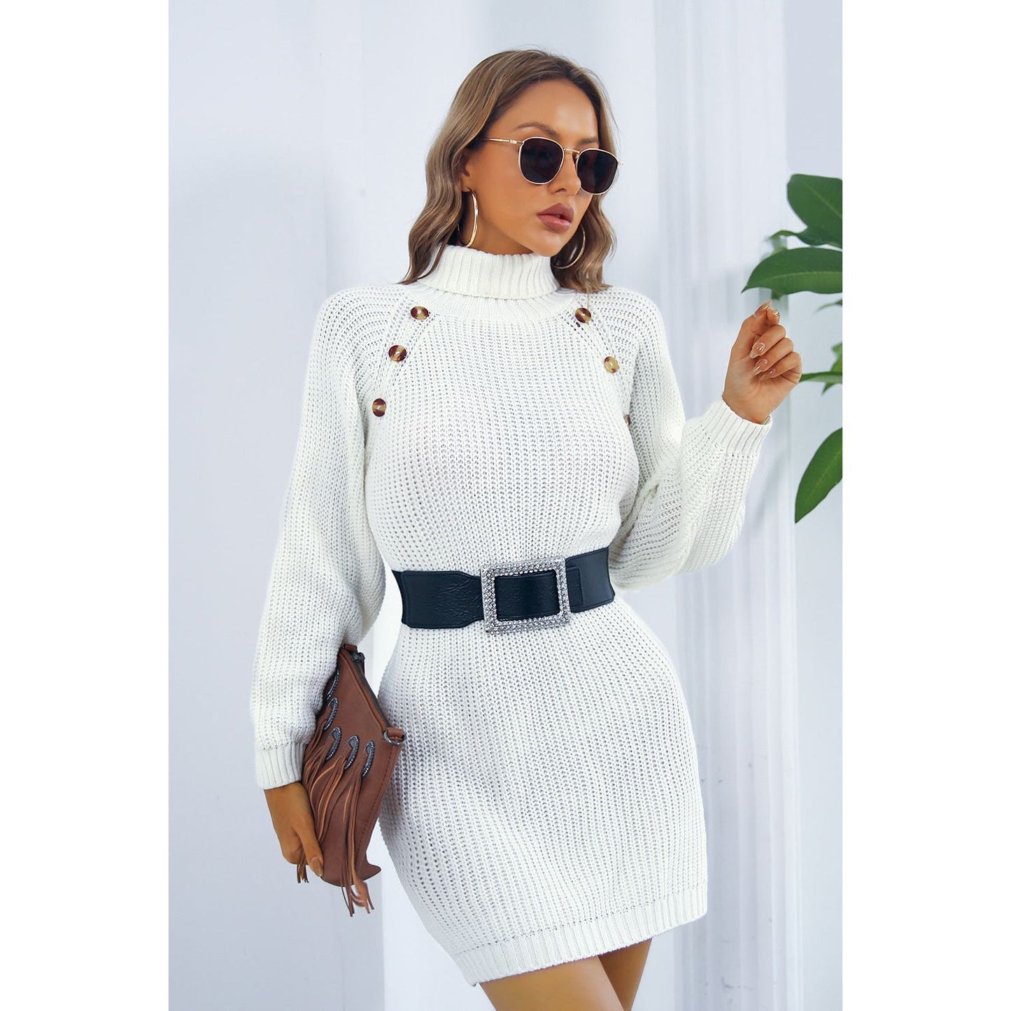 Buttoned Turtleneck Long Sleeve Sweater Dress