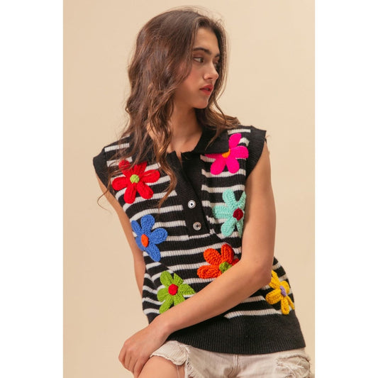 BiBi Flower Patch Striped Half Button Sweater Vest