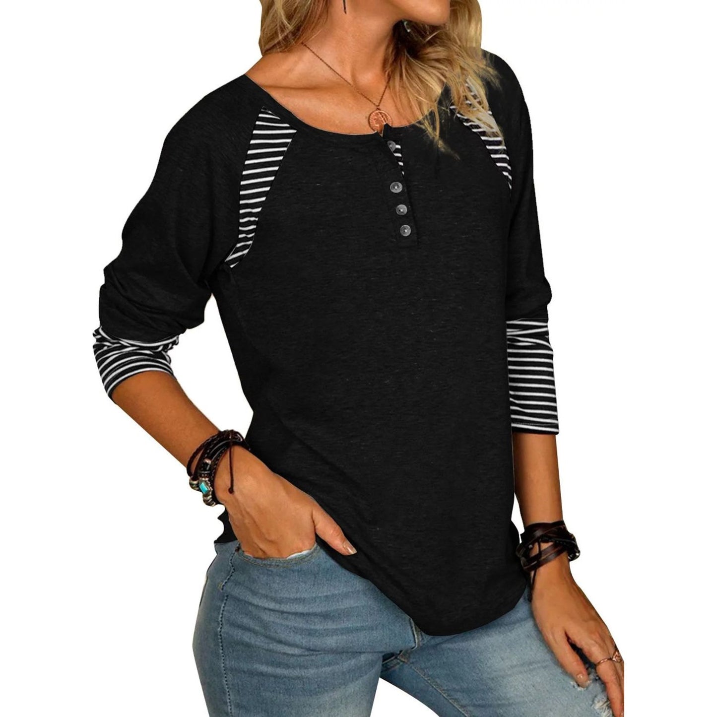 Full Size Striped Quarter Button Long Sleeve T-Shirt