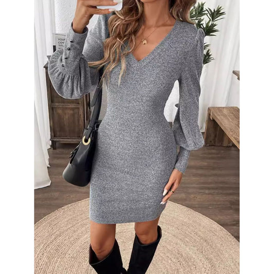 V-Neck Lantern Sleeve Dress