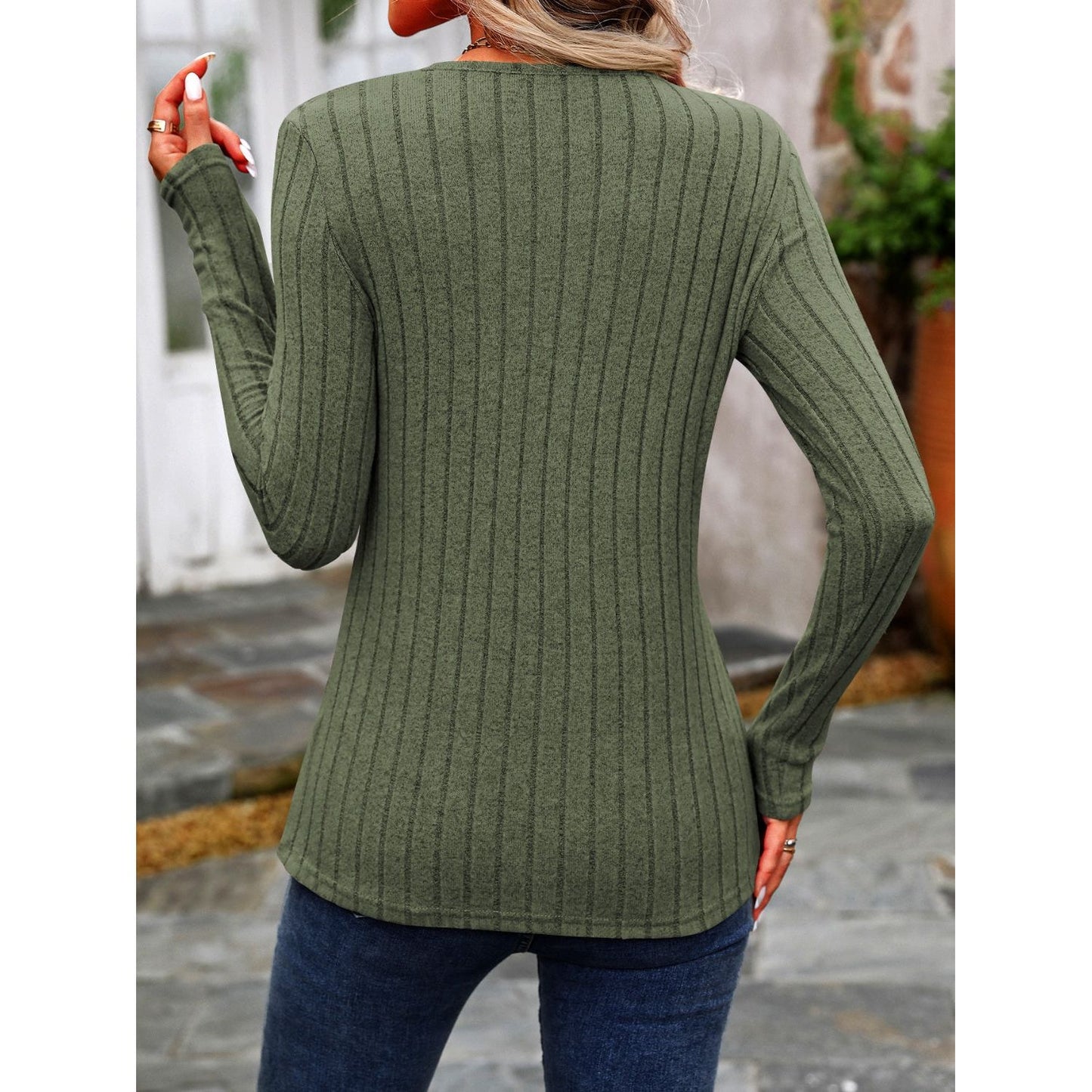 Decorative Button Round Neck Long Sleeve T-Shirt