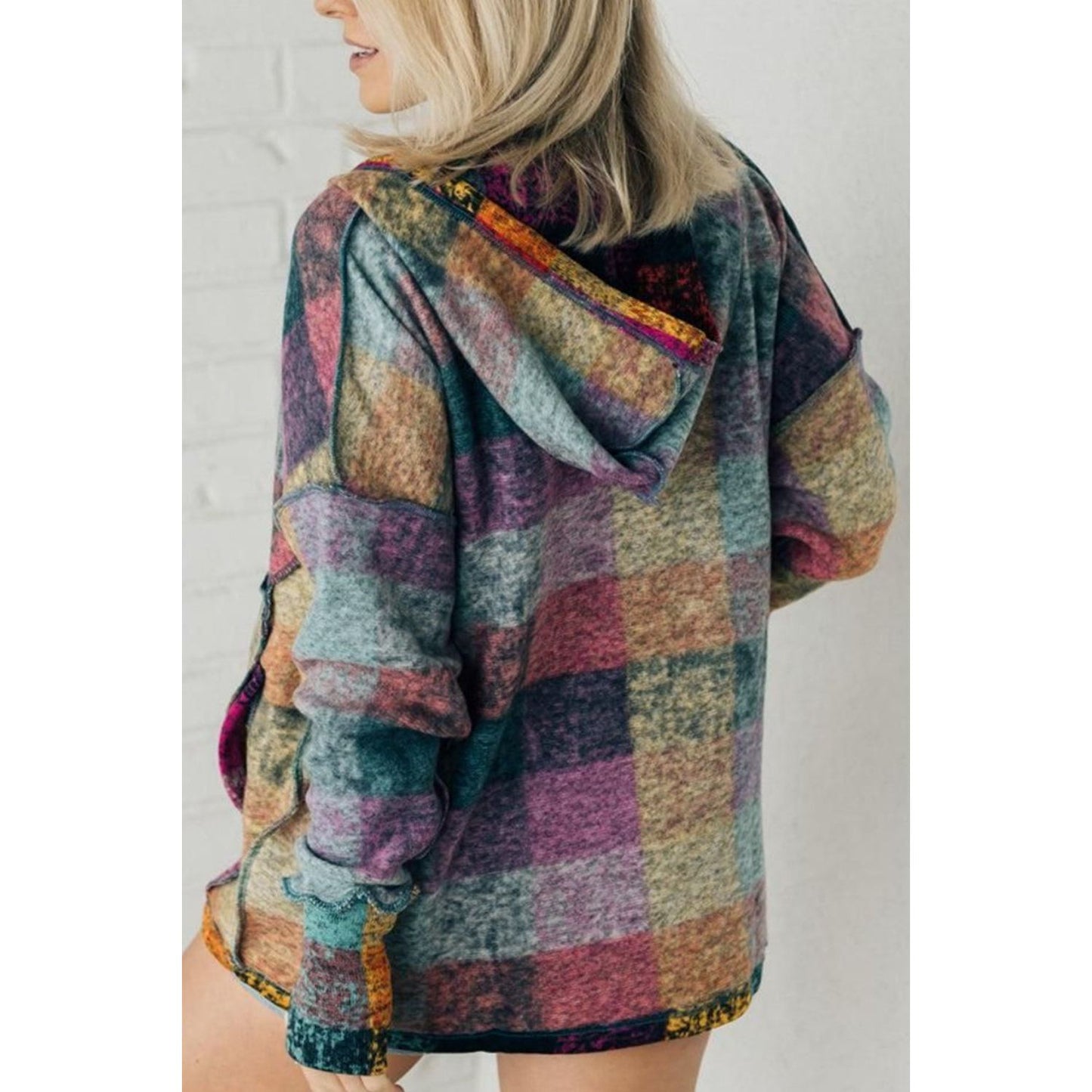 Multicolor Brushed Plaid Buttoned Pullover Oversized Hoodie