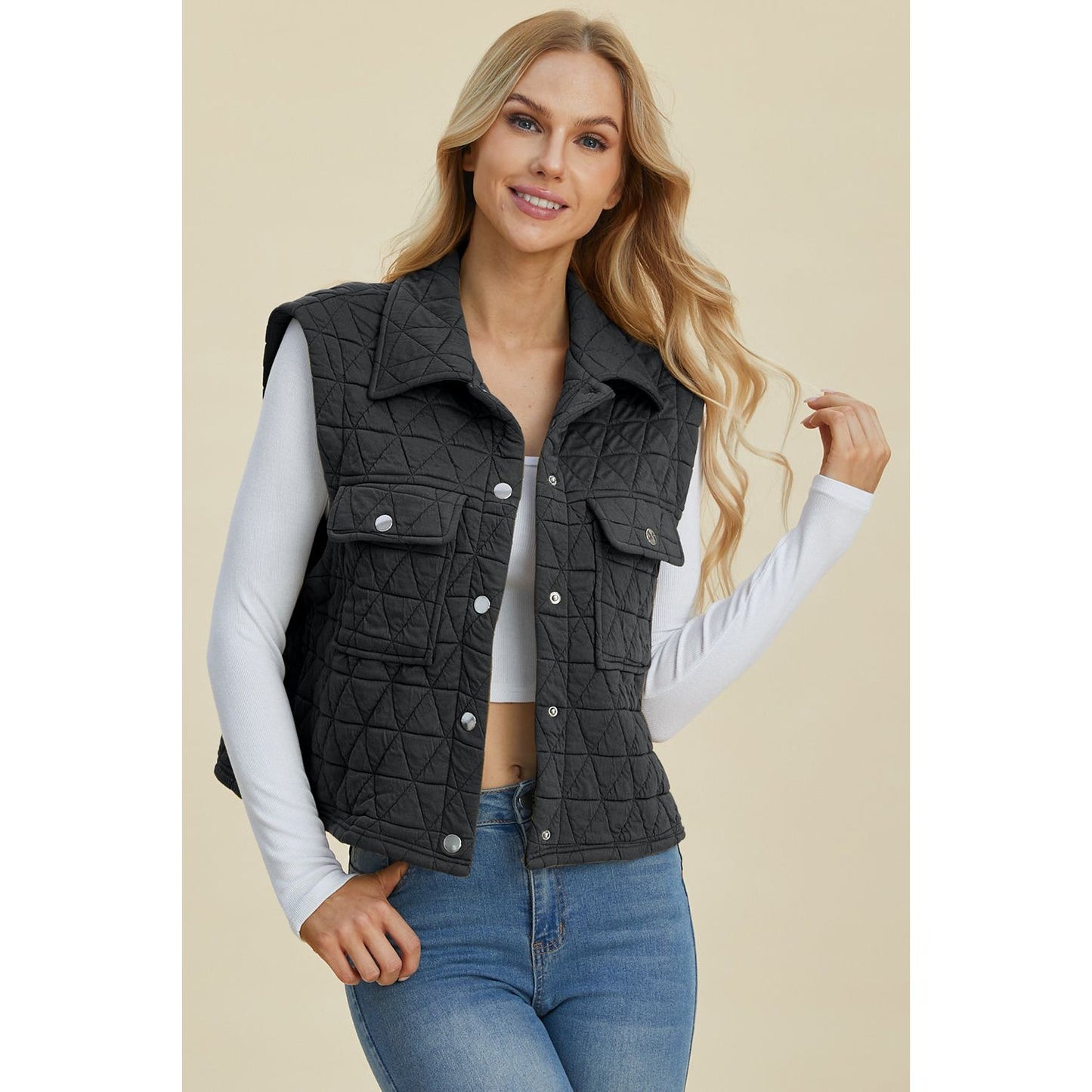 Double Take Full Size Pocketed Texture Snap Down Vest Coat