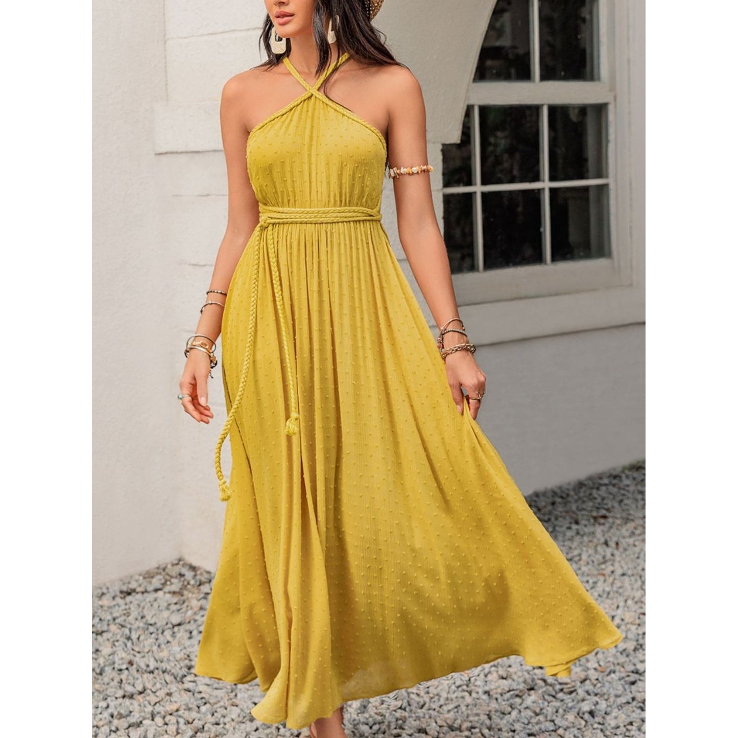 Swiss Dot Backless Sleeveless Maxi Dress