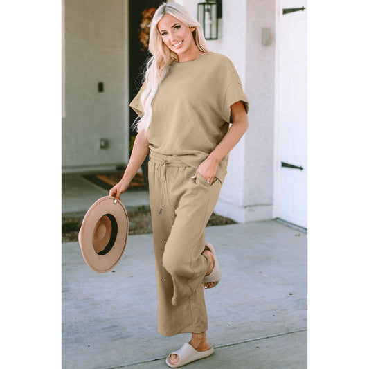 Double Take Full Size Texture Short Sleeve Top and Pants Set