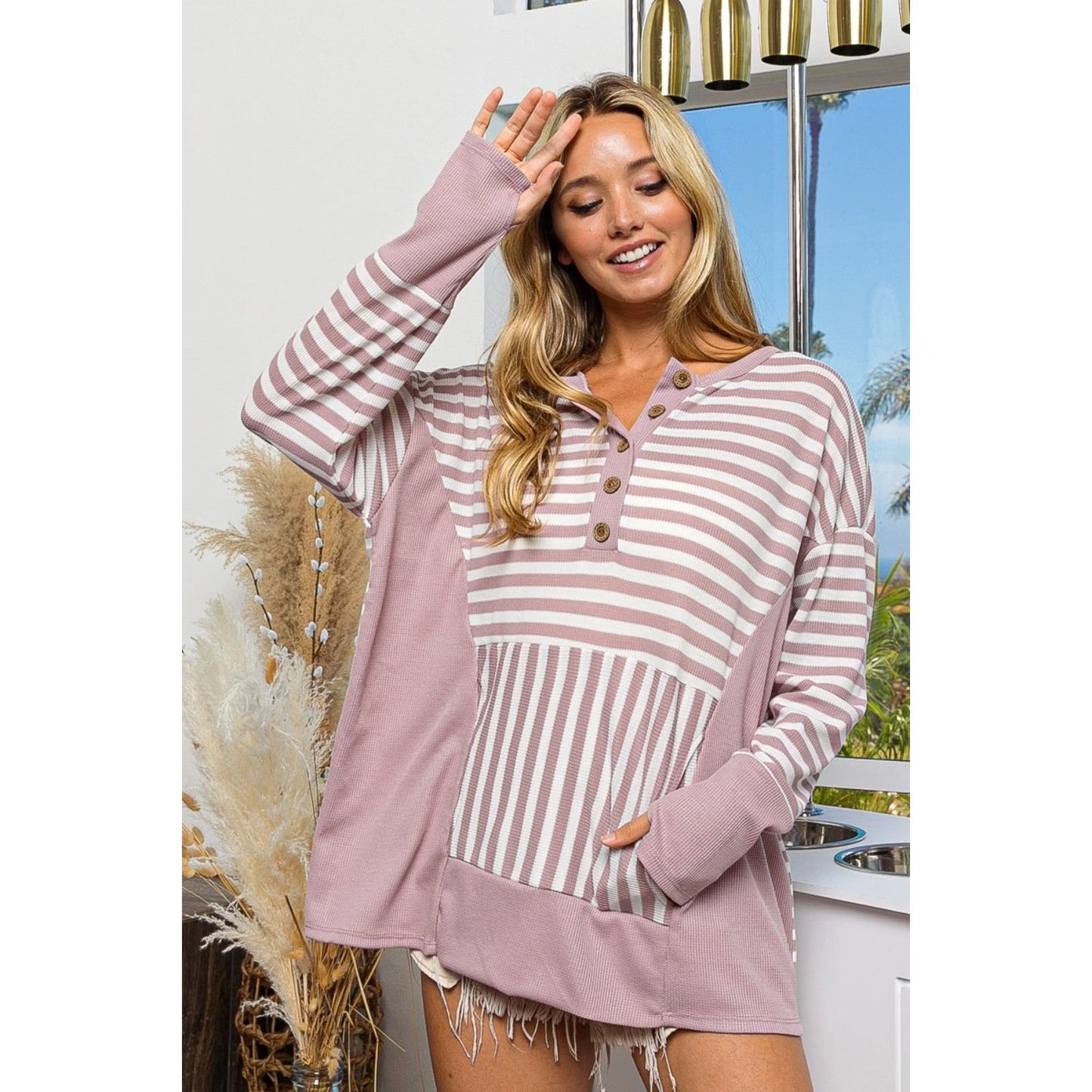 BiBi Striped Thumbhole Long Sleeve Top