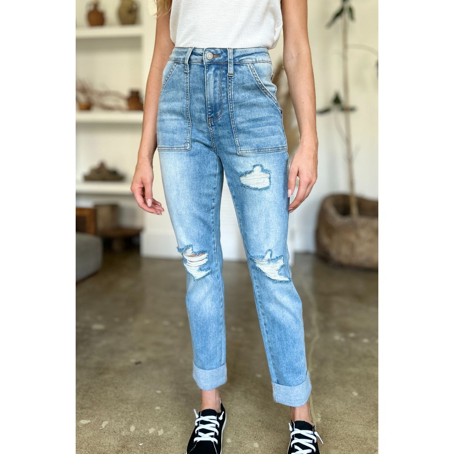 Judy Blue Full Size Distressed Straight Jeans with Patch Pockets