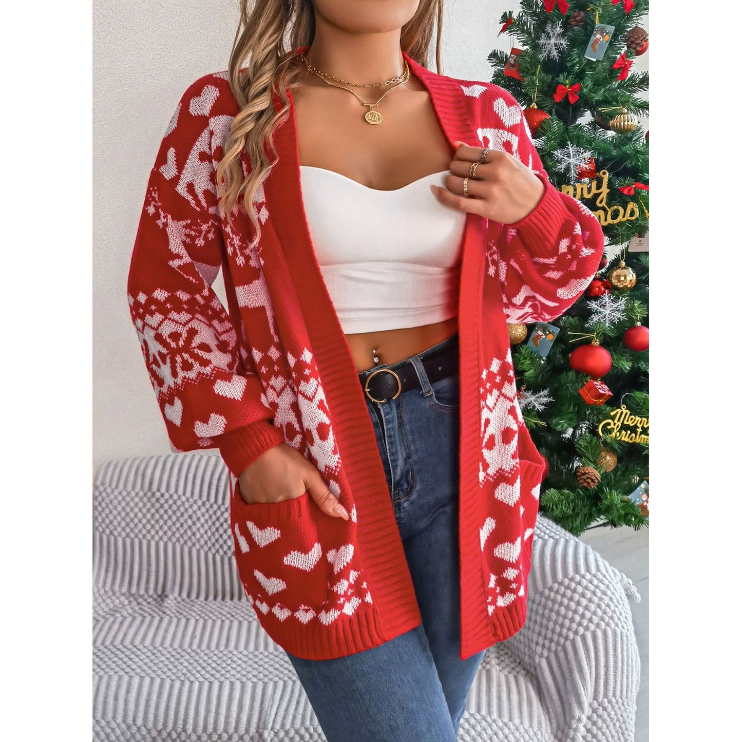 Pocketed Open Front Long Sleeve Cardigan