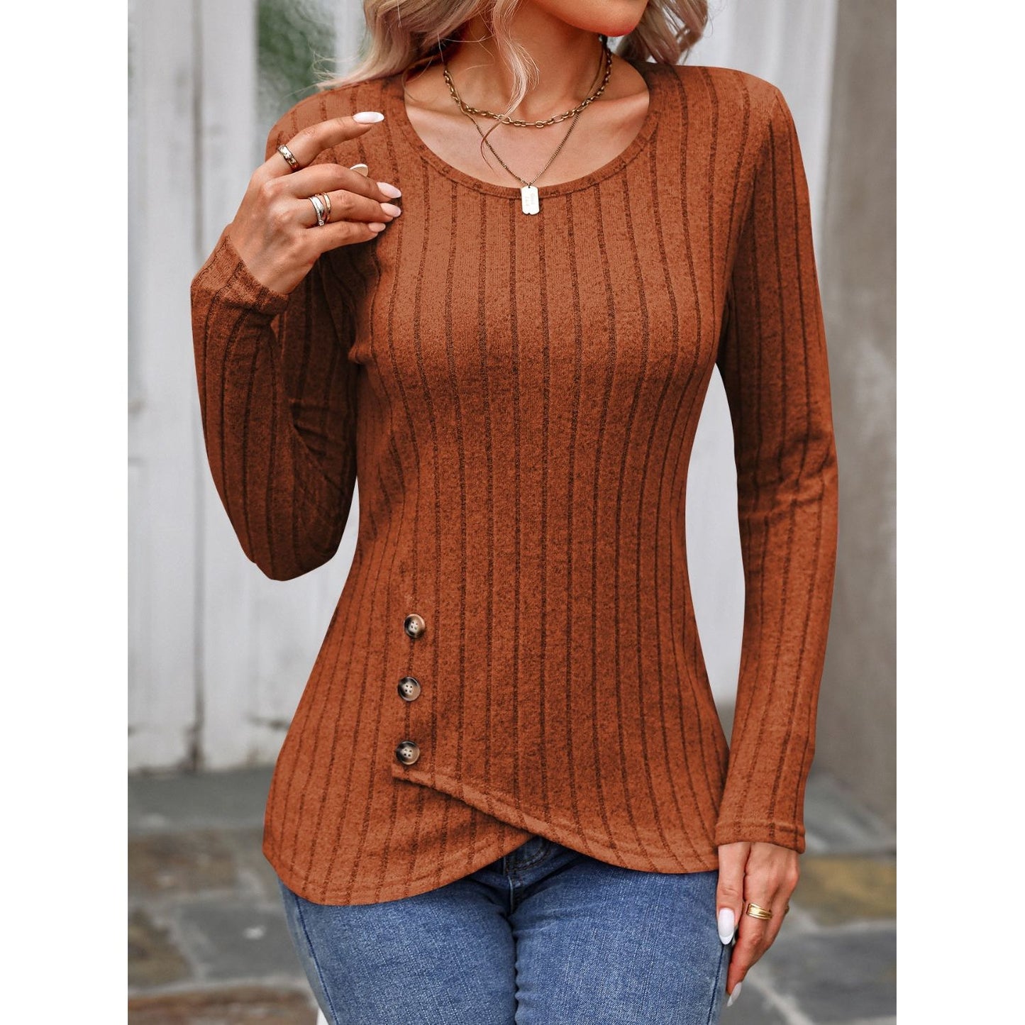 Decorative Button Round Neck Long Sleeve T-Shirt