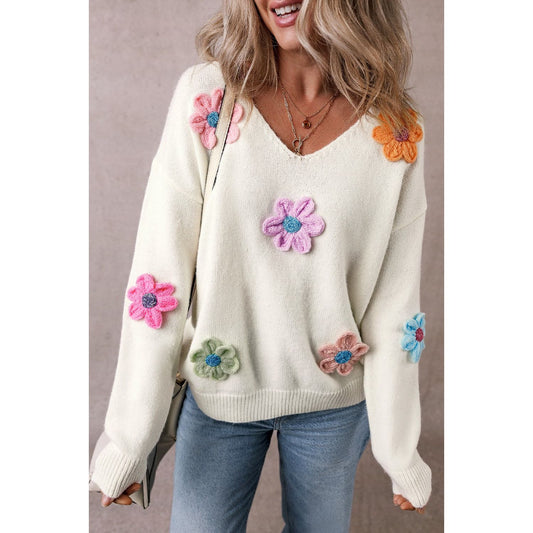 Crochet Flower V-Neck Long Sleeve Sweater