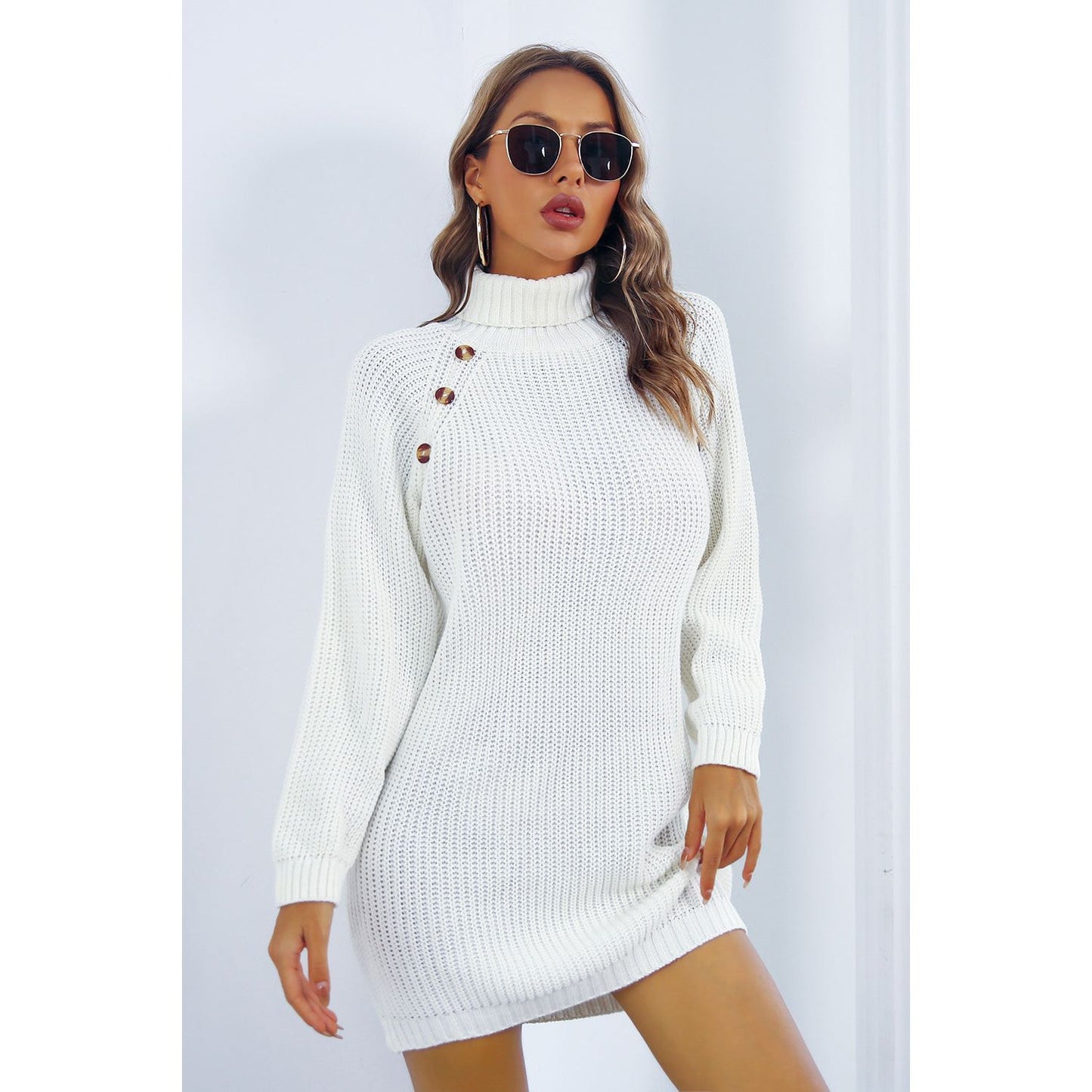 Buttoned Turtleneck Long Sleeve Sweater Dress