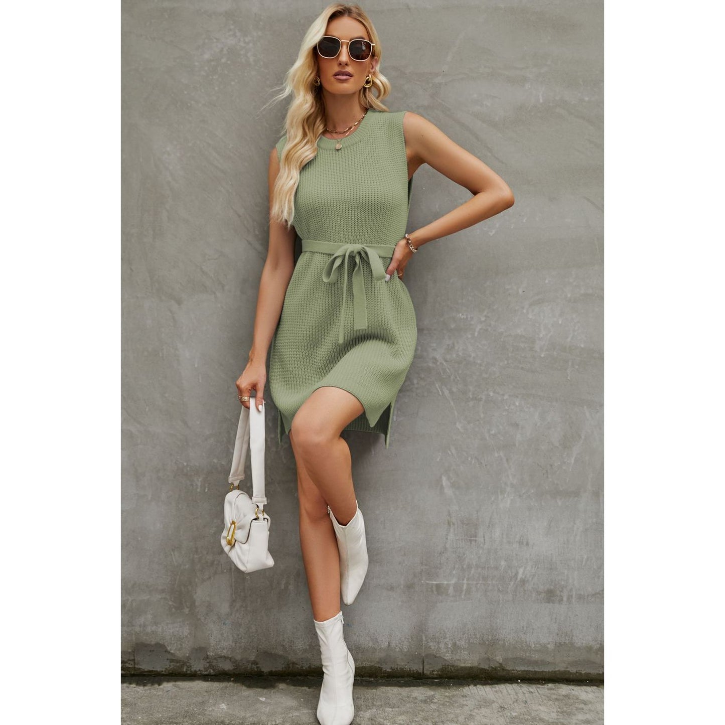 Round Neck Slit Sleeveless Sweater Dress