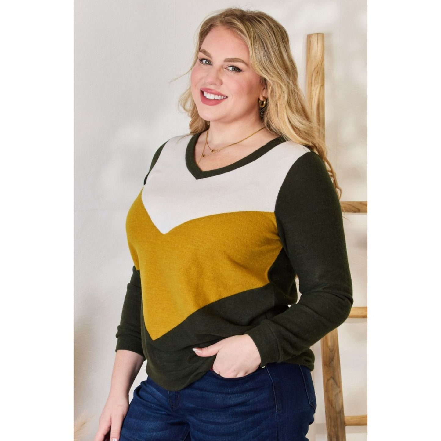 Hailey & Co Full Size Colorblock V-Neck Blouse