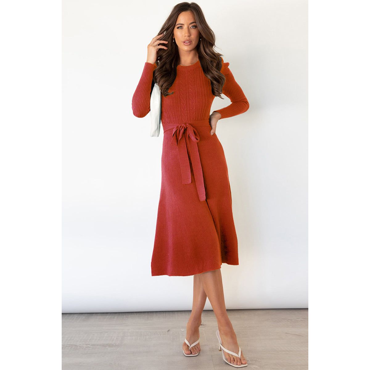 Round Neck Long Sleeve Tie Waist Sweater Dress