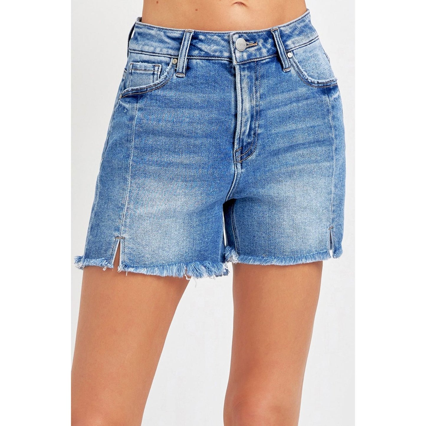 RISEN Front Slit Raw Hem Denim Shorts