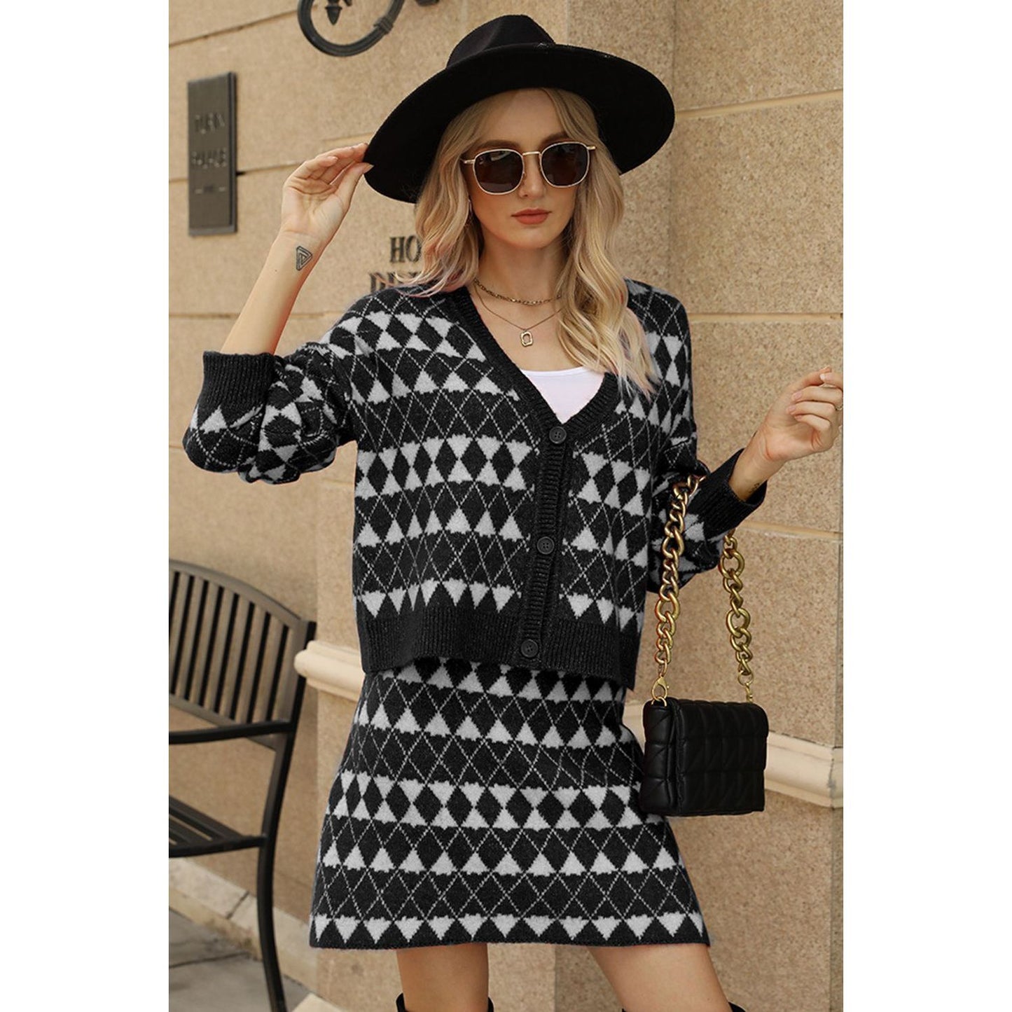 Geometric Dropped Shoulder Cardigan and Knit Skirt Set