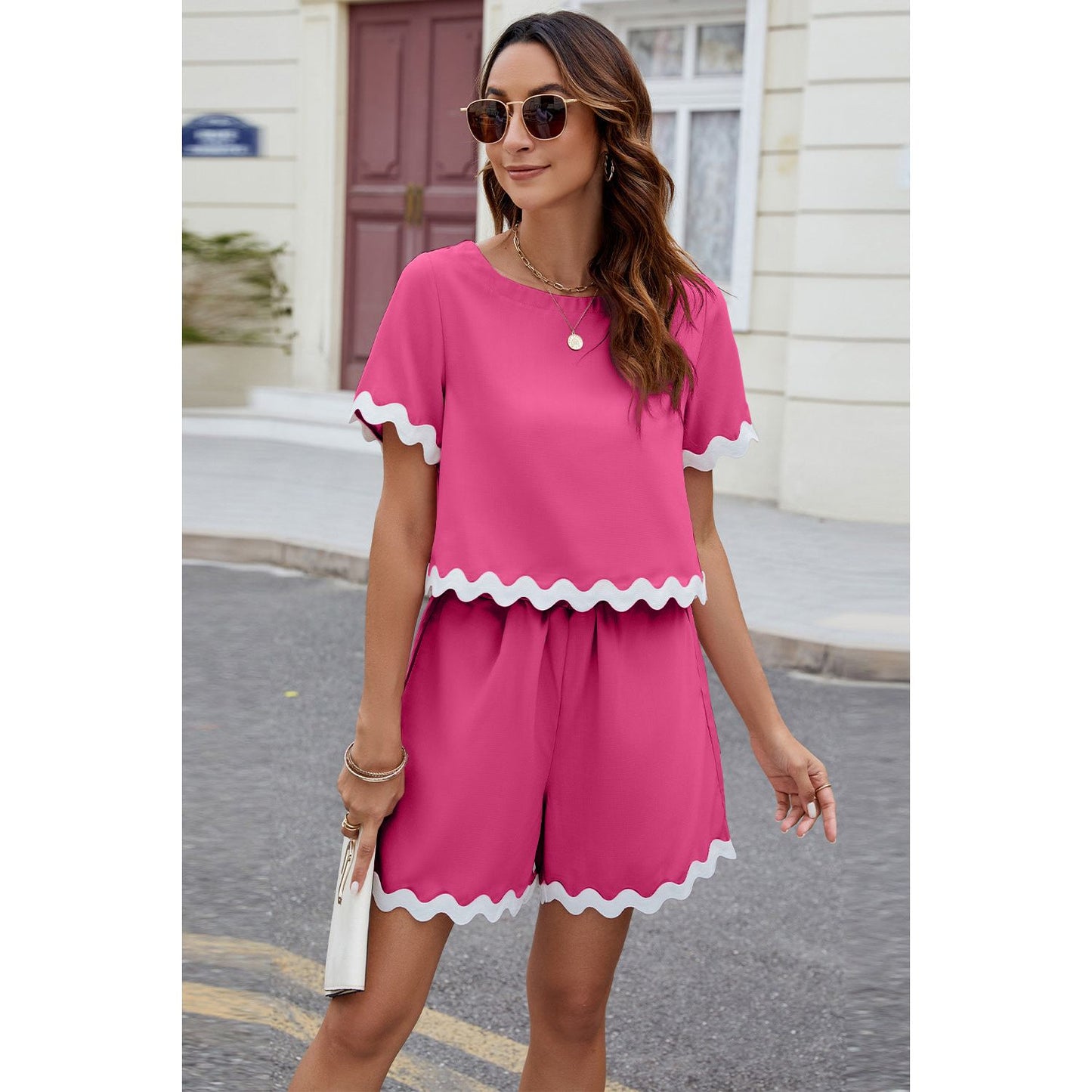 Contrast Trim Round Neck Top and Shorts Set