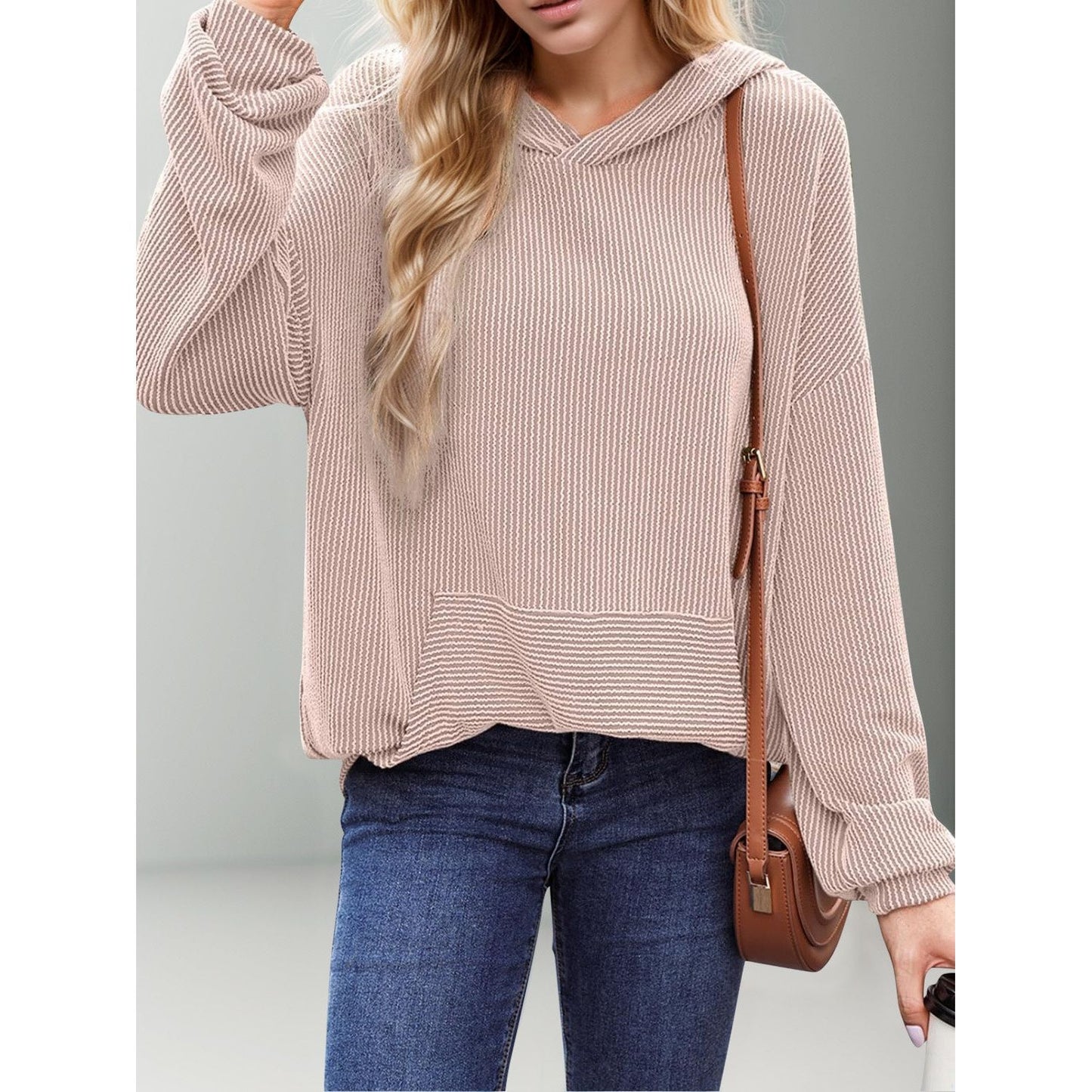 Double Take Textured Kangaroo Pocket Long Sleeve Hoodie