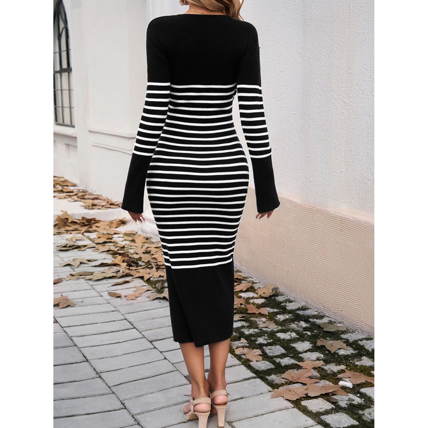 Devine Striped V-Neck Long Sleeve Sweater Dress