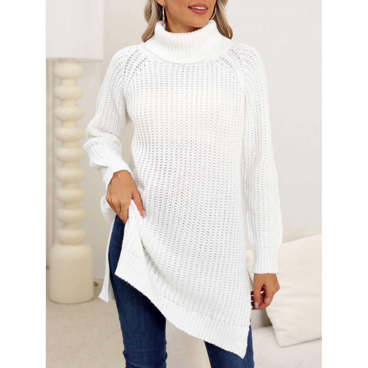 Slit Turtleneck Long Sleeve Sweater