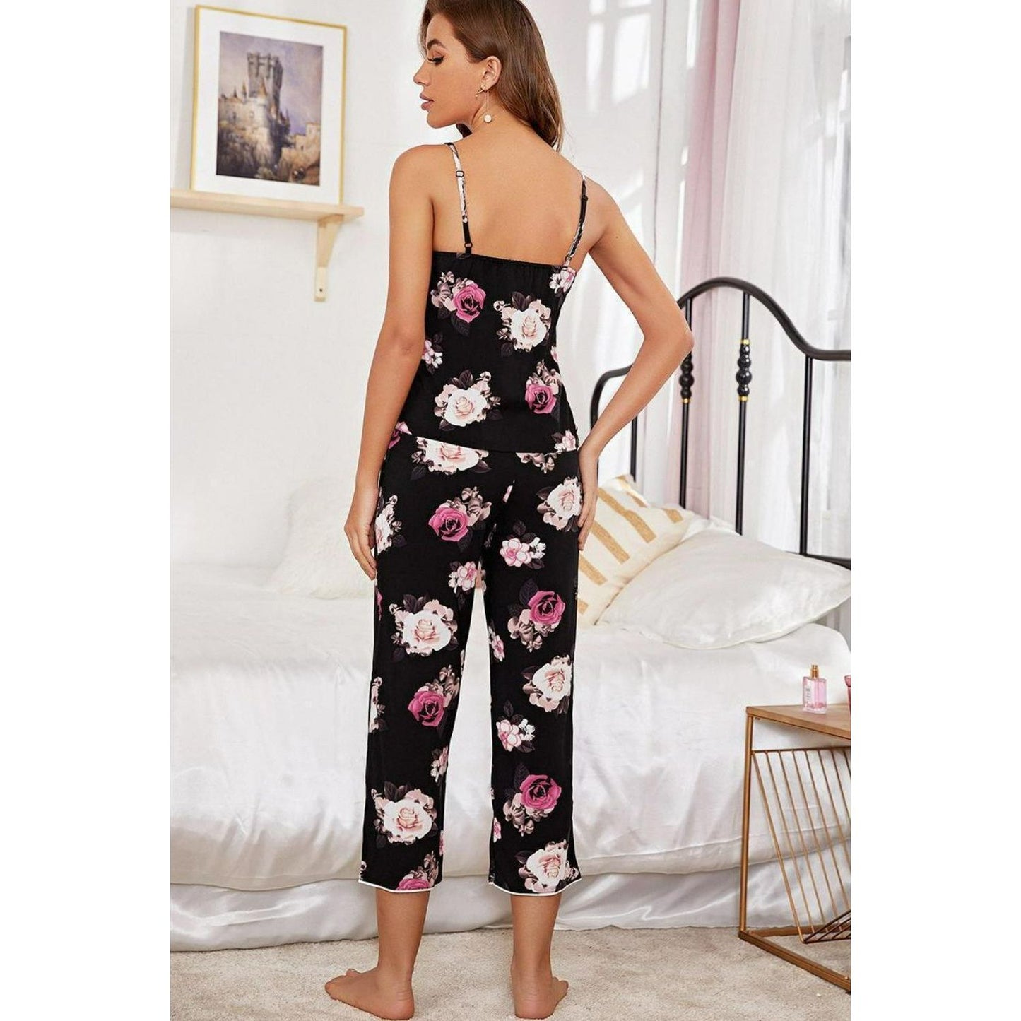 Floral V-Neck Cami and Cropped Pants Lounge Set