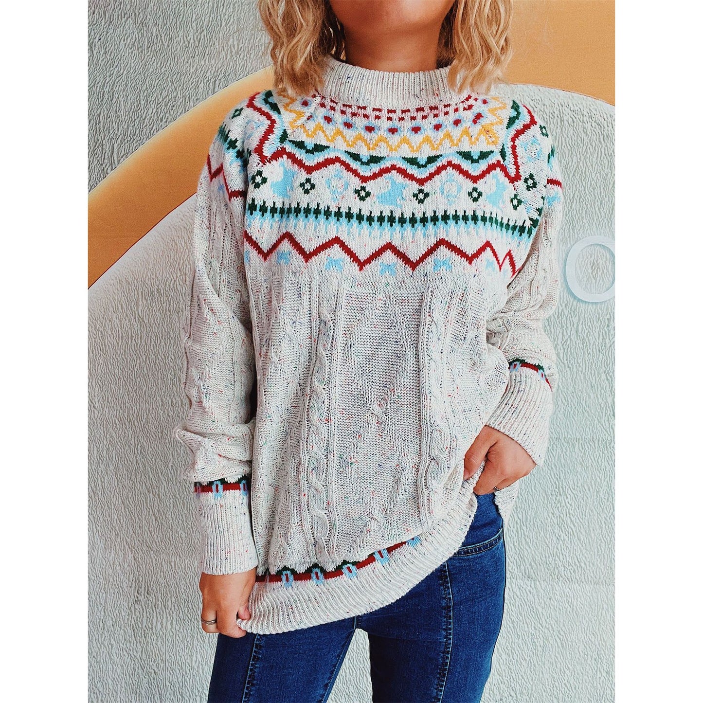 Cable-Knit Mock Neck Long Sleeve Sweater