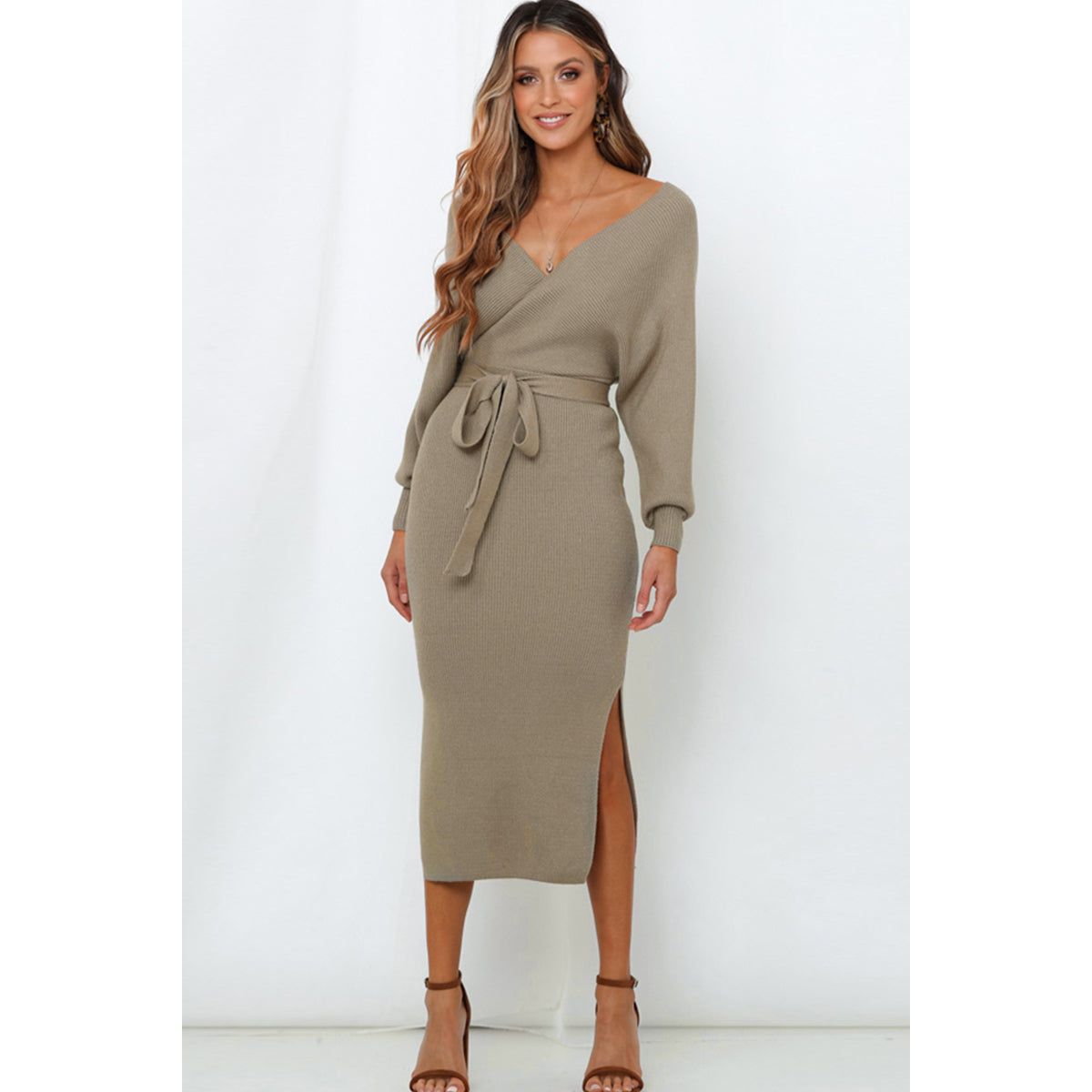 Surplice Neck Bow Waist Slit Sweater Dress