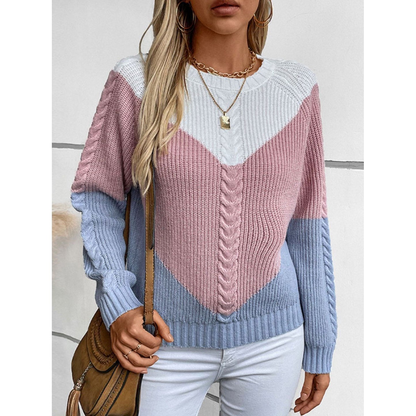 Color Block Round Neck Long Sleeve Sweater