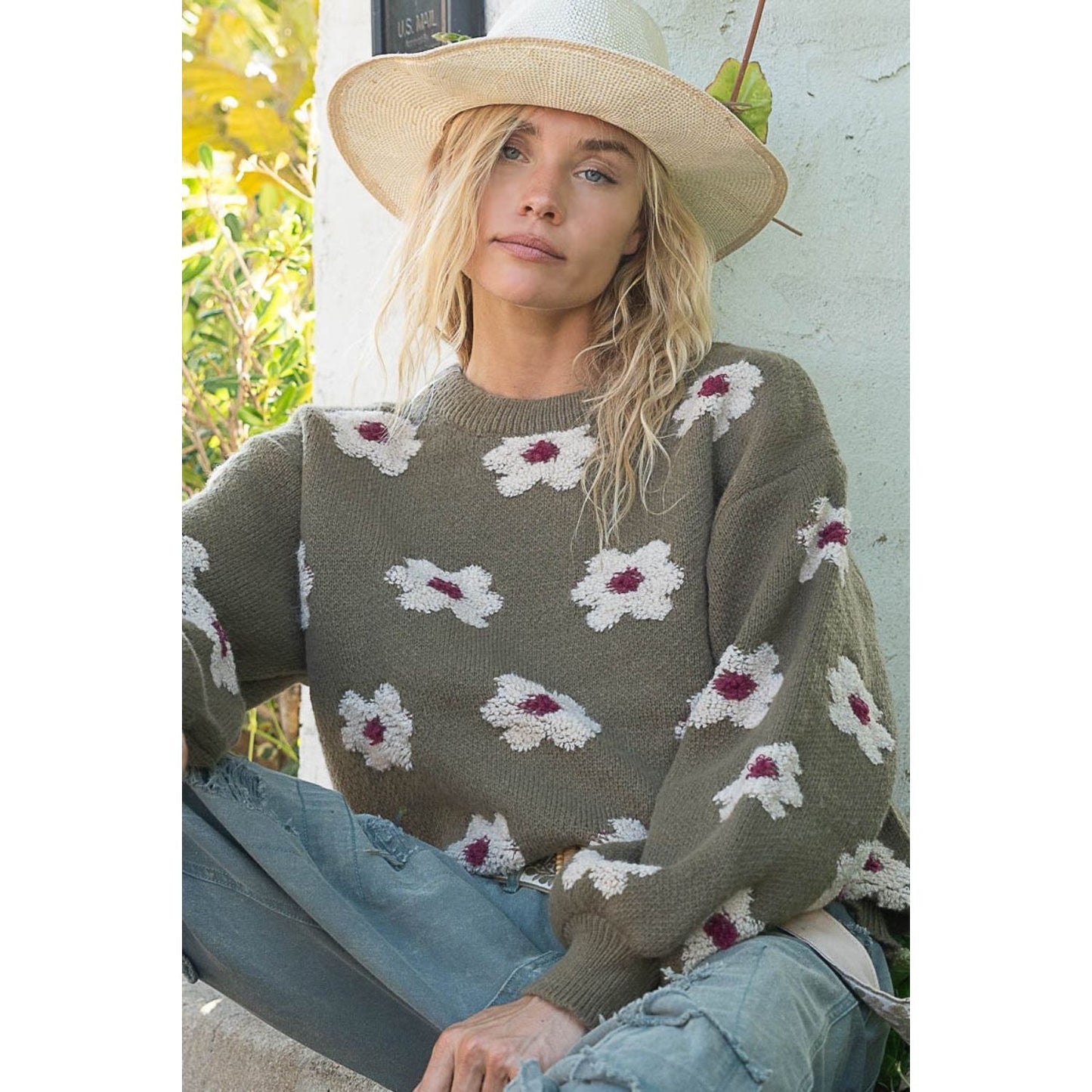 POL Daisy Pattern Drop Shoulder Sweater