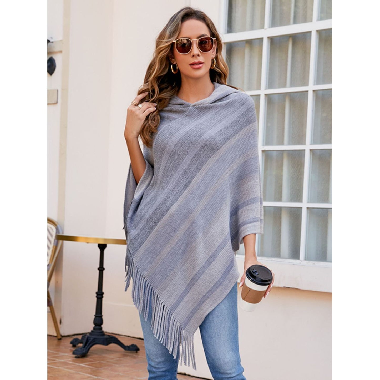 Striped Fringe Hem Hooded Poncho