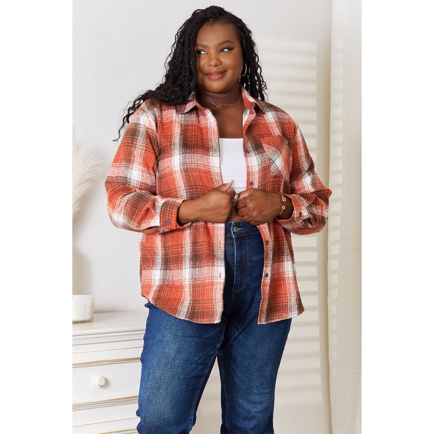 Plaid Collared Neck Long Sleeve Shirt