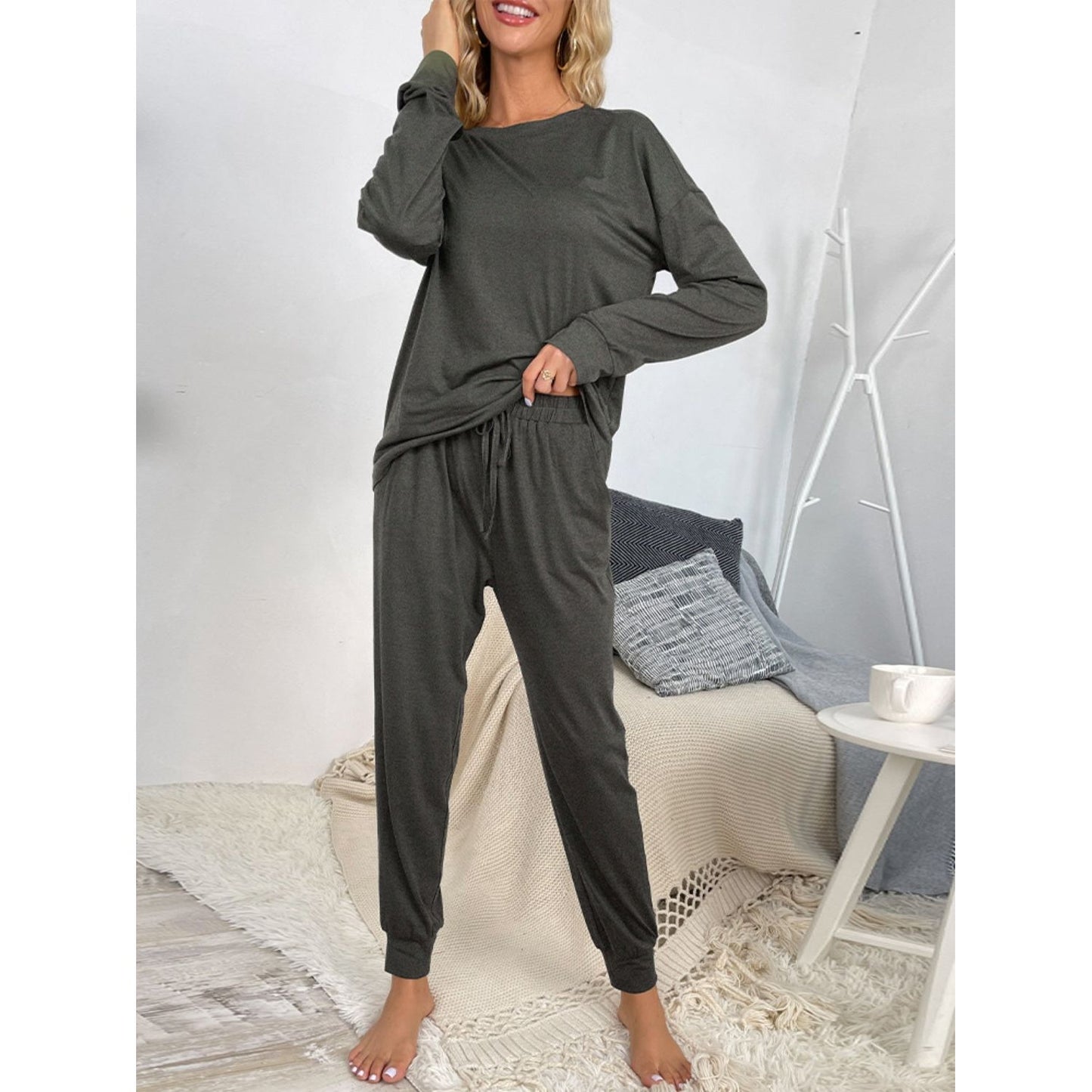 Shiny Round Neck Top and Drawstring Pants Lounge Set