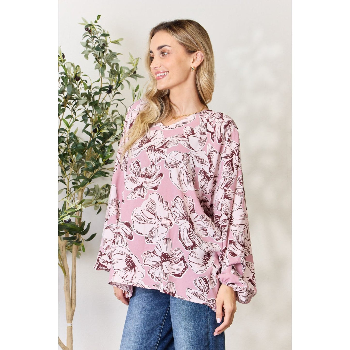 Heimish Full Size Floral V-Neck Balloon Sleeve Blouse