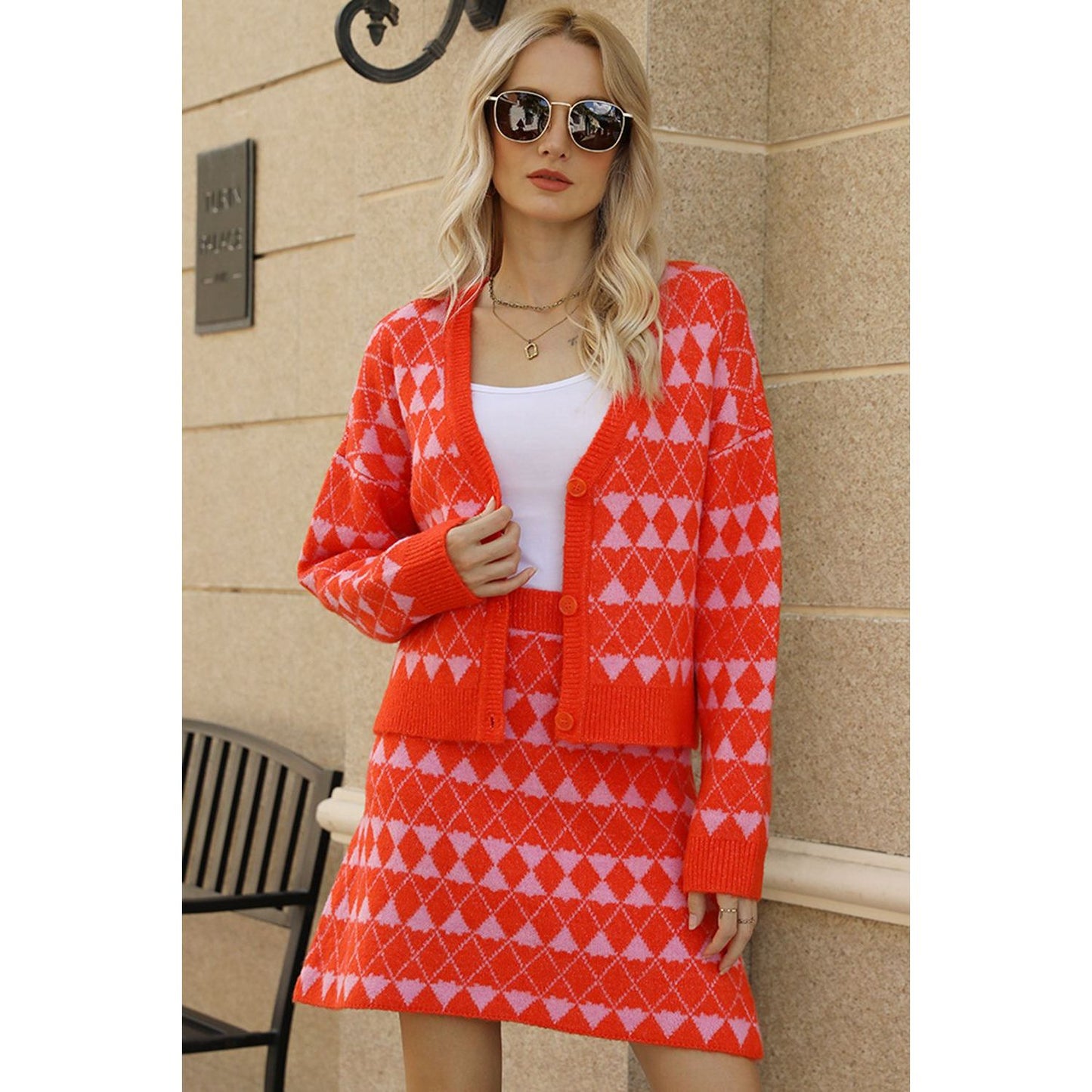 Geometric Dropped Shoulder Cardigan and Knit Skirt Set