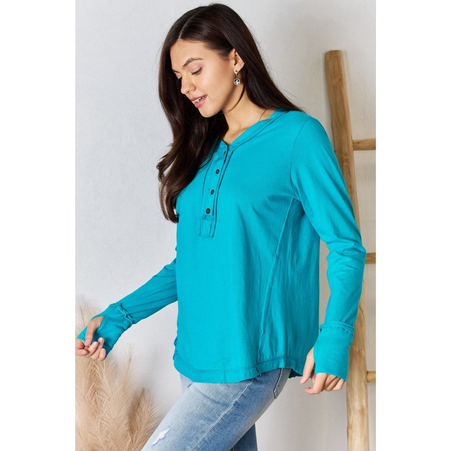 Zenana Exposed Seam Thumbhole Long Sleeve Top