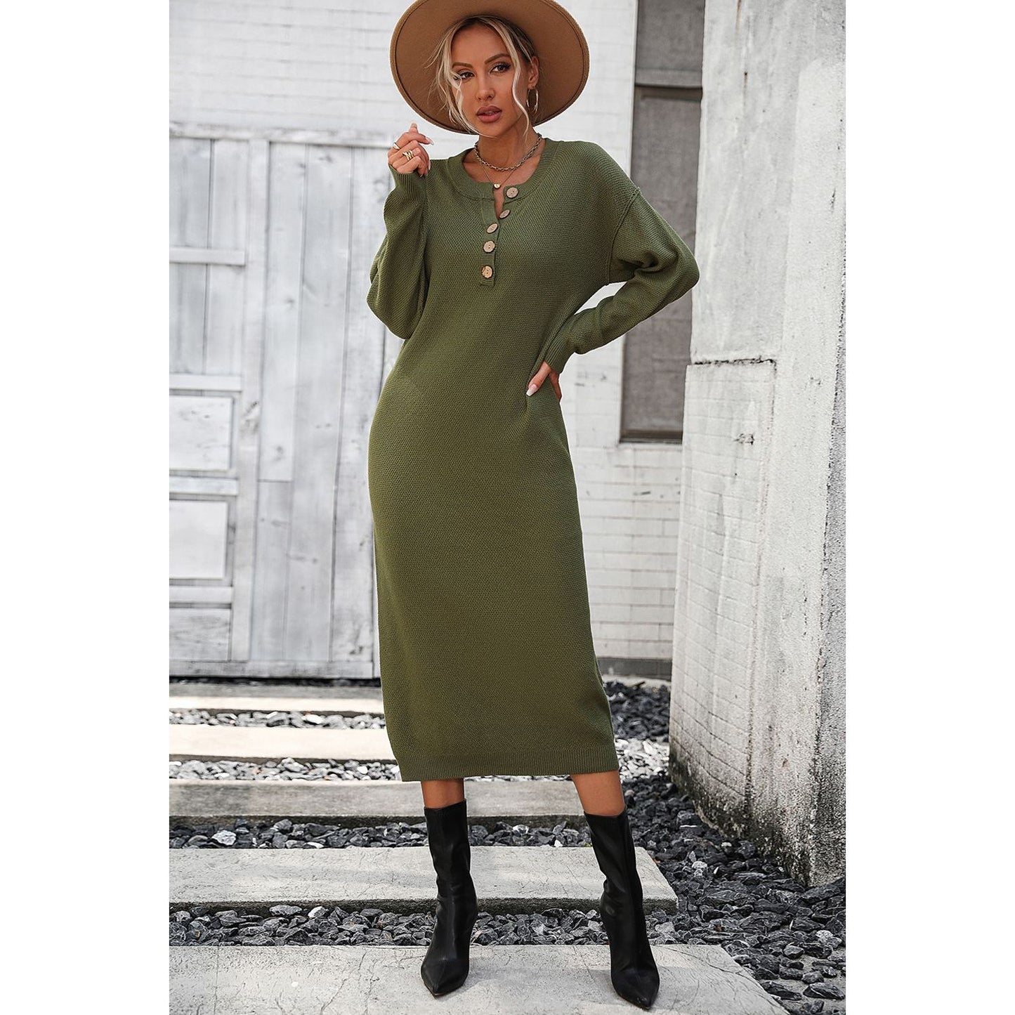 Decorative Button Notched Dropped Shoulder Sweater Dress