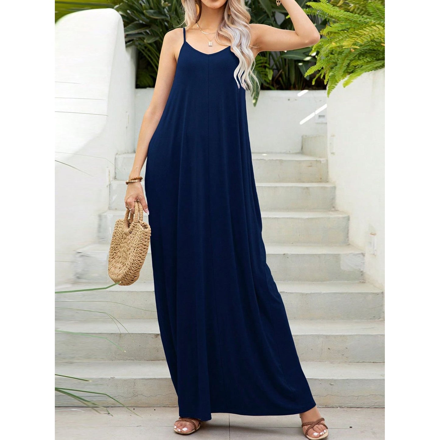 V-Neck Maxi Cami Dress with Pockets