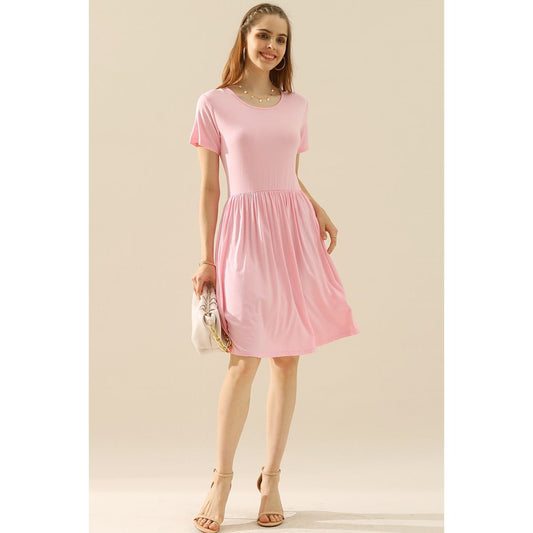 Ninexis Full Size Round Neck Ruched Dress with Pockets