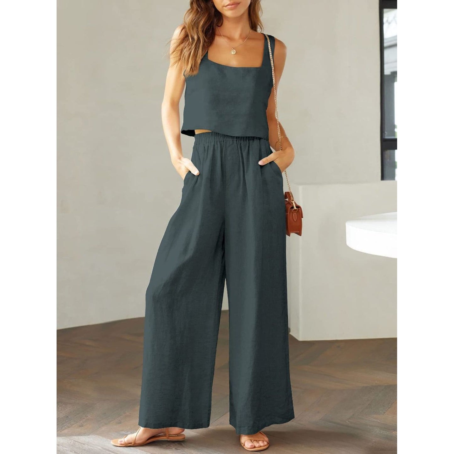 Square Neck Top and Wide Leg Pants Set