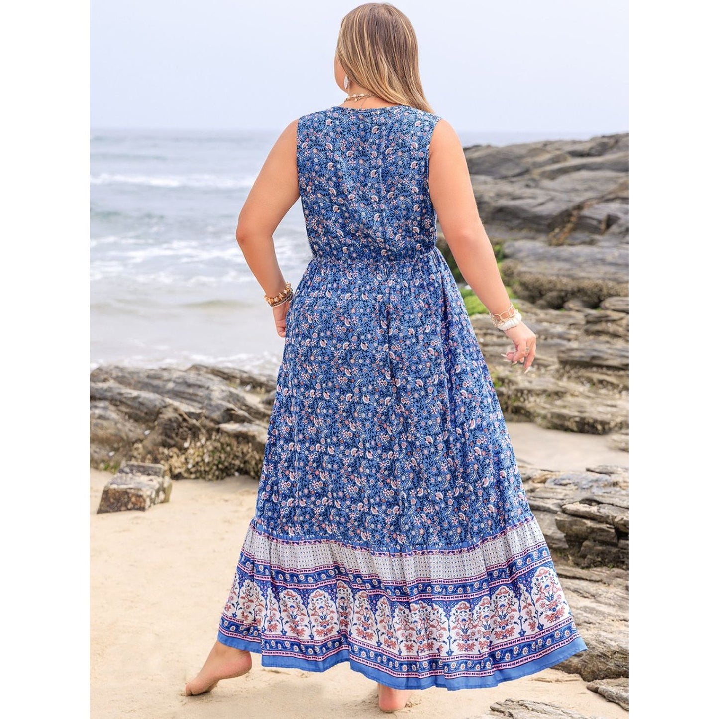 Plus Size Tied Printed Sleeveless Maxi Dress