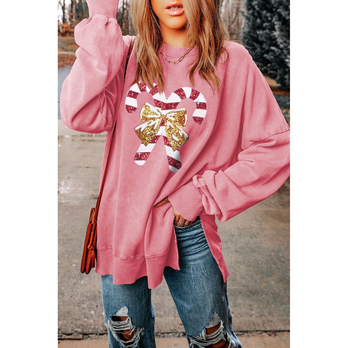 Sequin Candy Cane Round Neck Slit Sweatshirt