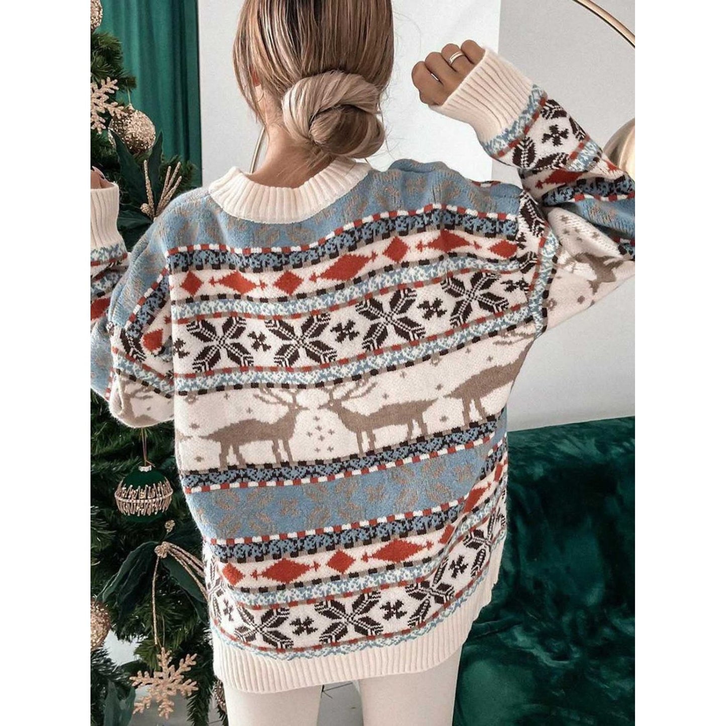 Geometric Round Neck Dropped Shoulder Sweater