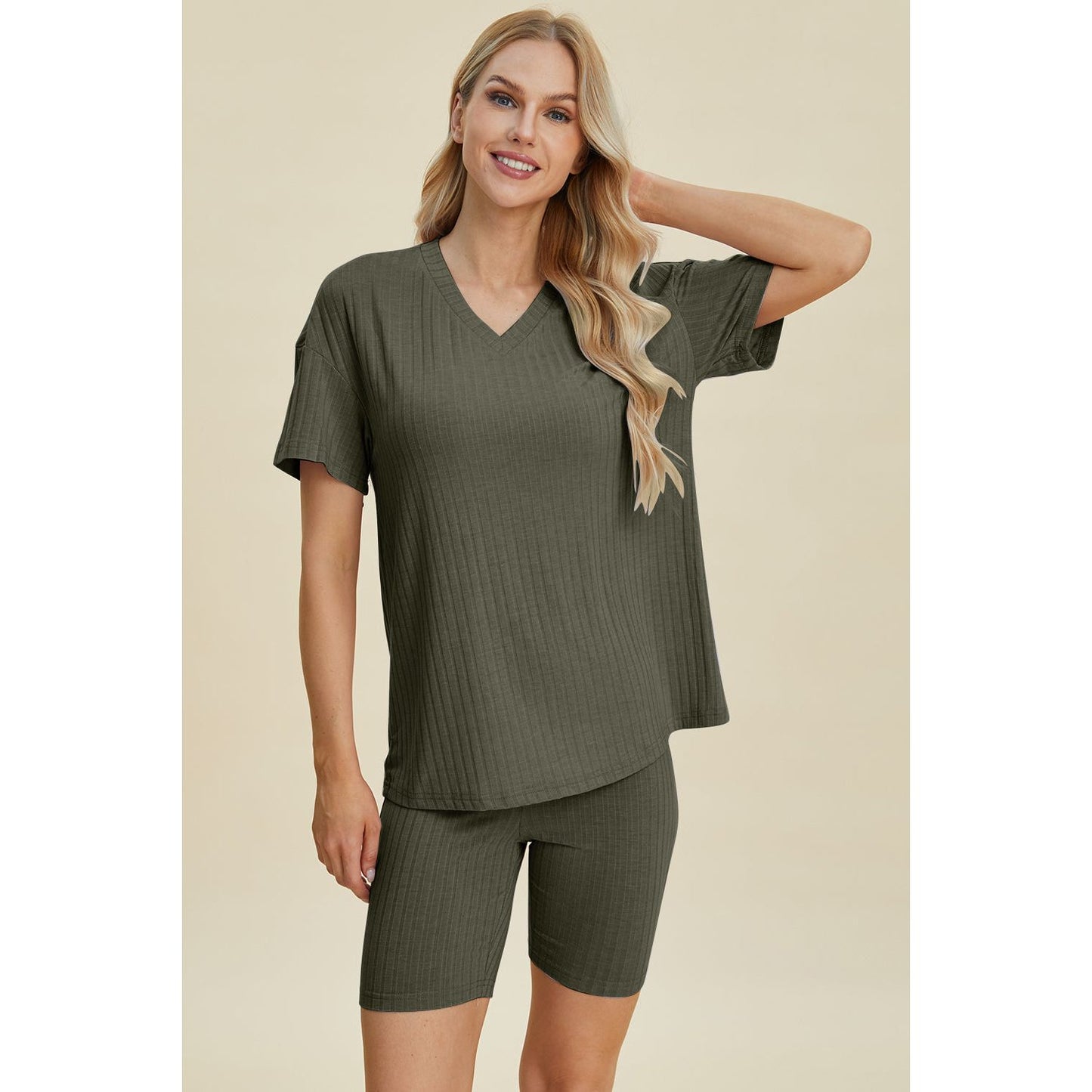 Basic Bae Full Size Ribbed V-Neck Short Sleeve Top and Shorts Set