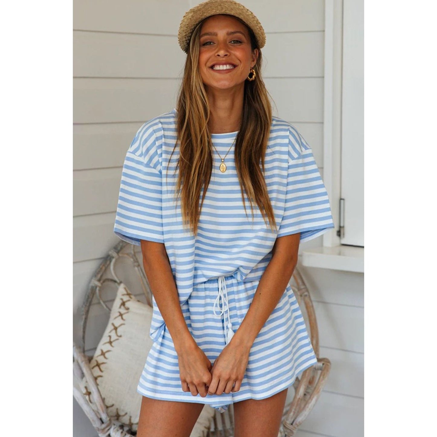 Striped Round Neck Top and Shorts Set