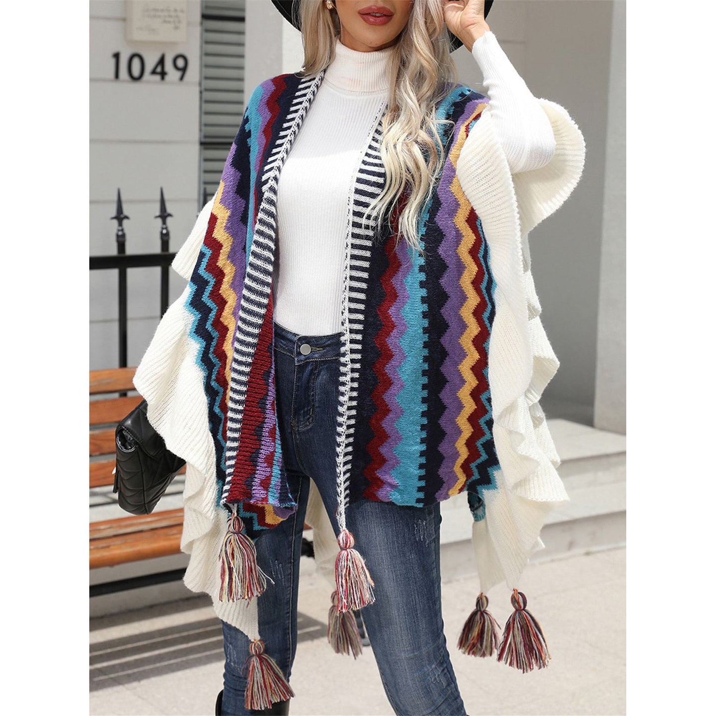 Striped Open Front Poncho with Tassels