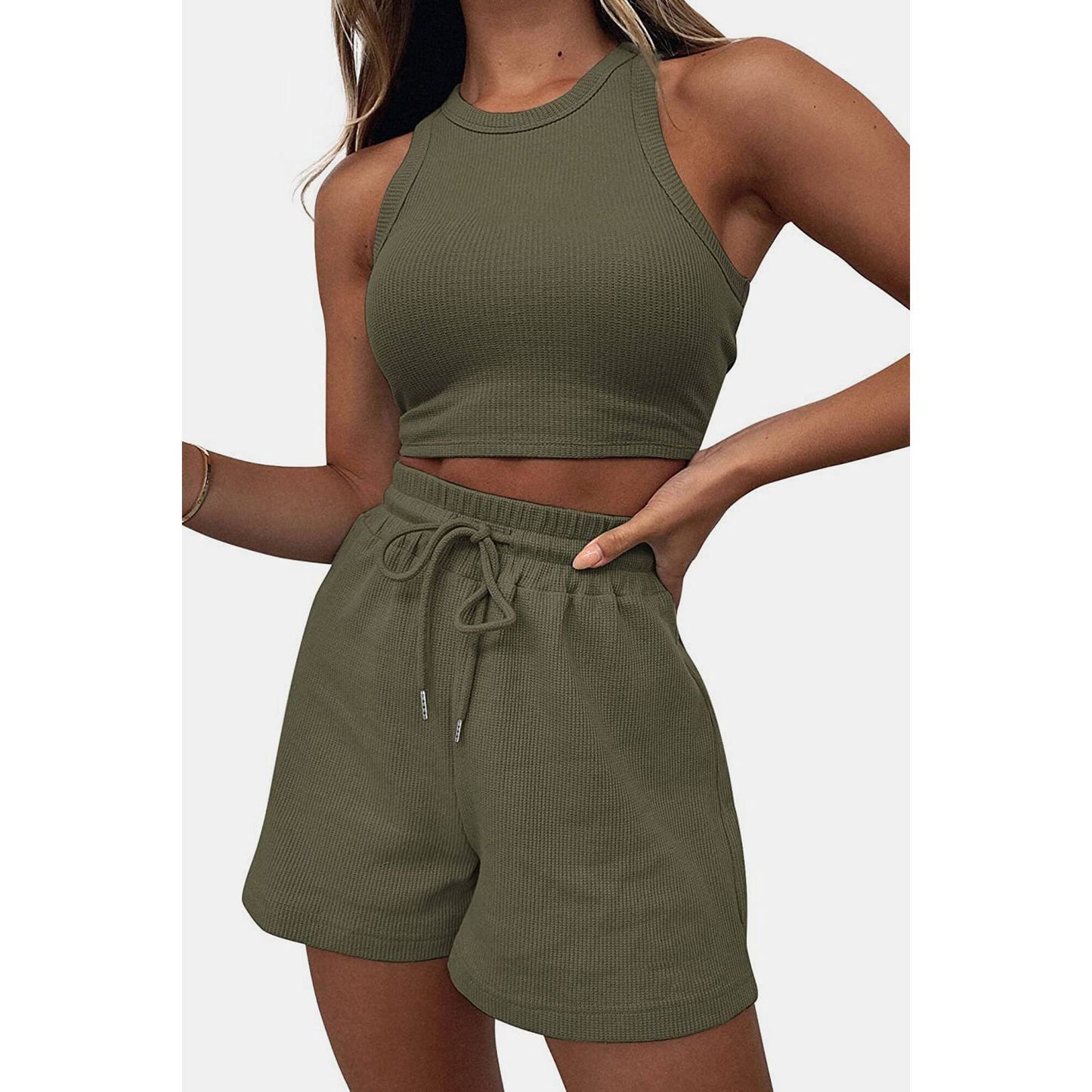 Round Neck Top and Drawstring Shorts Set