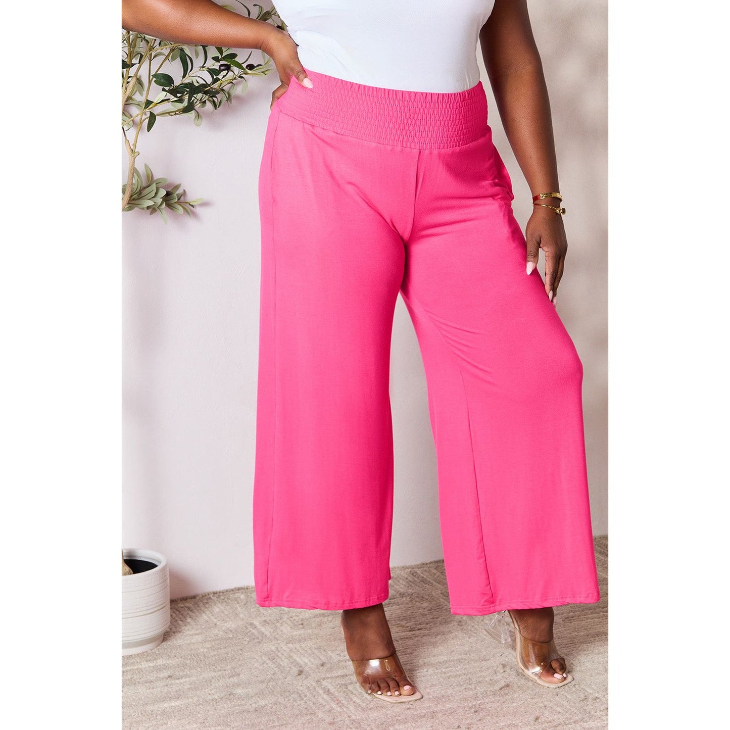 Double Take Full Size Smocked Wide Waistband Wide Leg Pants